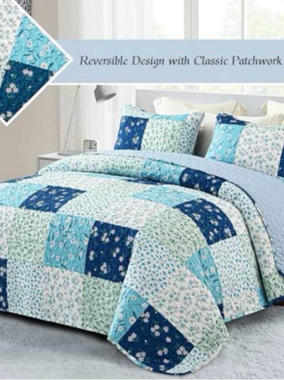 Blue Patchwork Floral Quilt Set with Pillow Shams - Picture 2 of 6